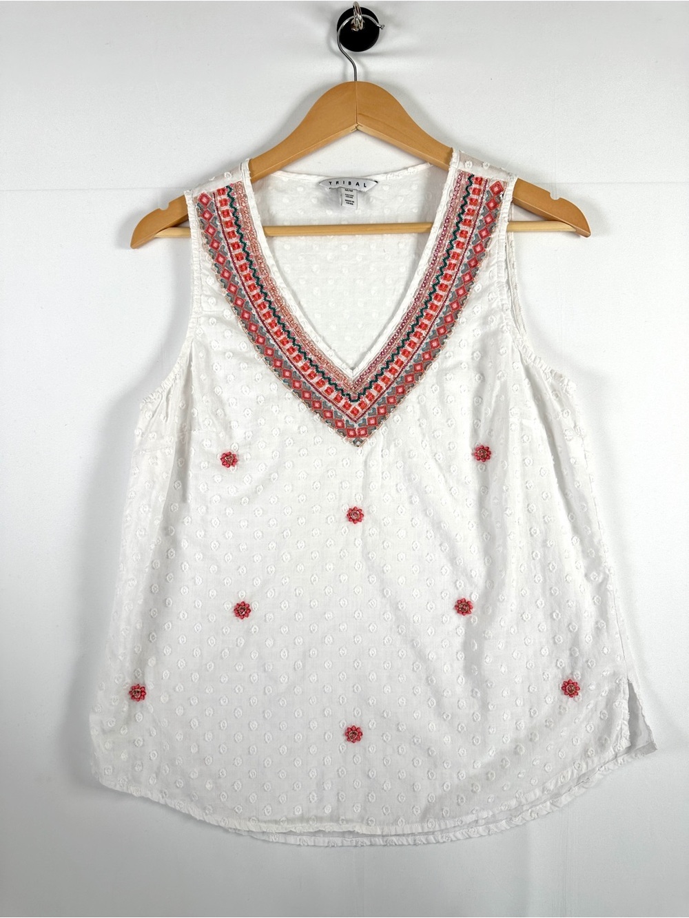 Tribal Boho Embroidered Beaded White Cotton Blouse M Festival Top